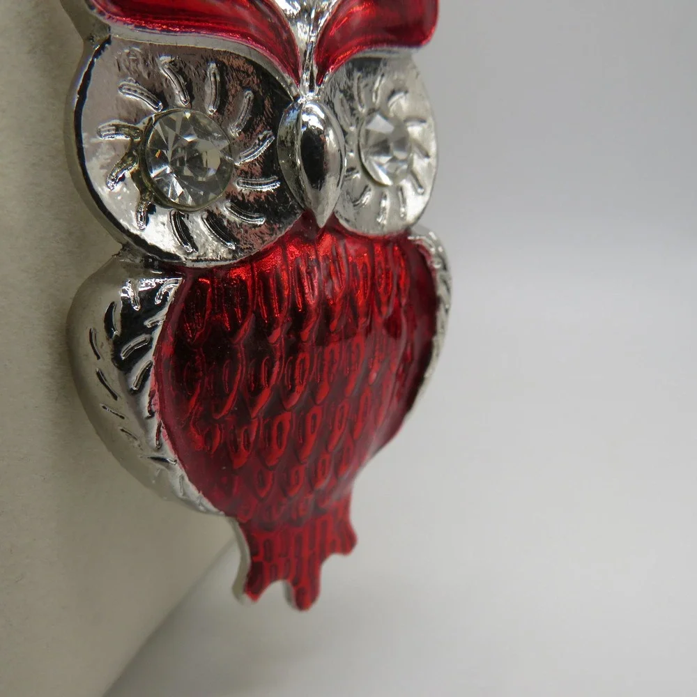Red Owl Enamel Jewelry Set Necklace and Earrings Rhinestone Eyes 16 Inch